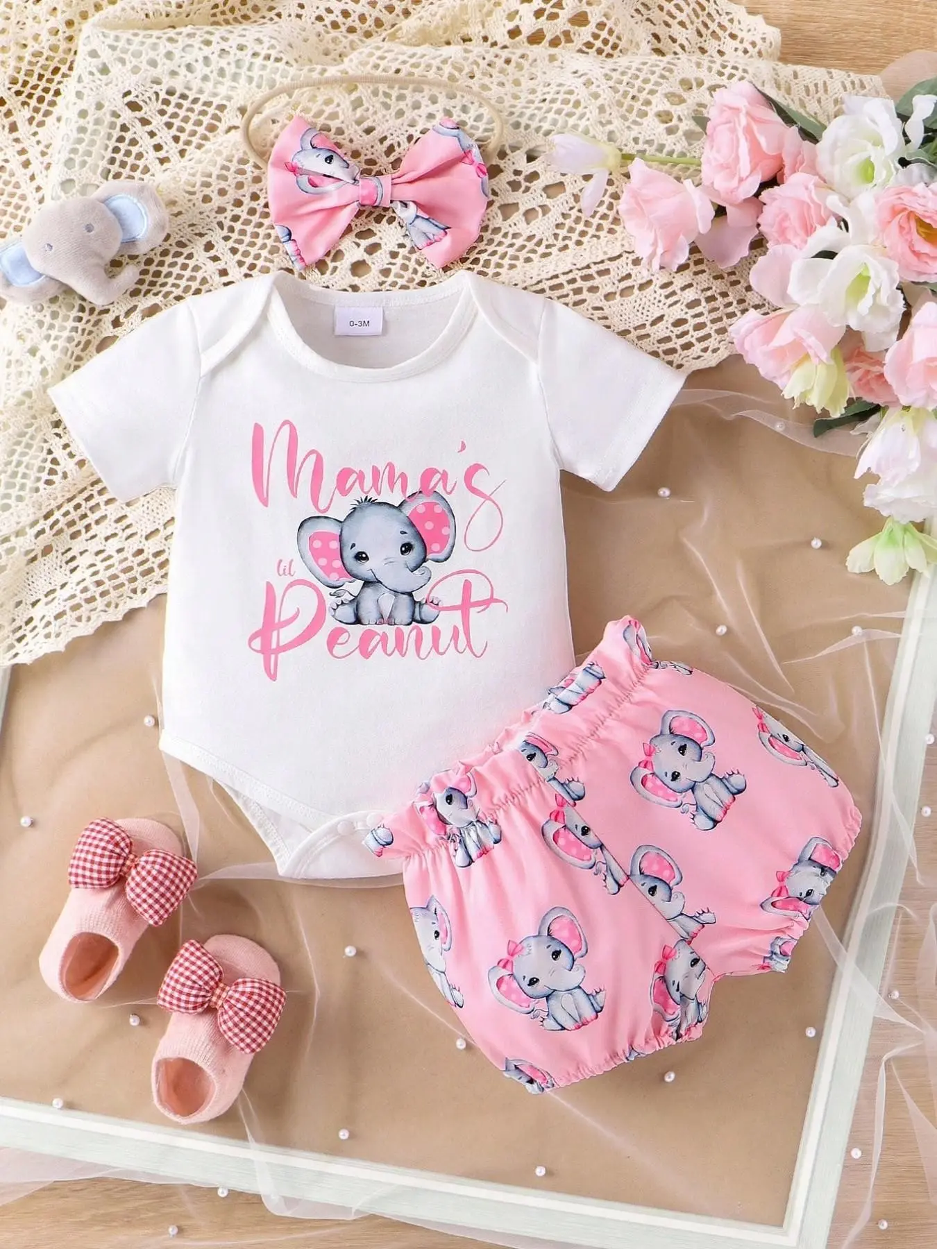 Infant Girls' Summer 3-Piece Set Baby Clothing, Cute Elephant Letter Print Onesie Bodysuit, Full-Body Short Pants, Matching Bow Headband, Style Newborn Outfits Set