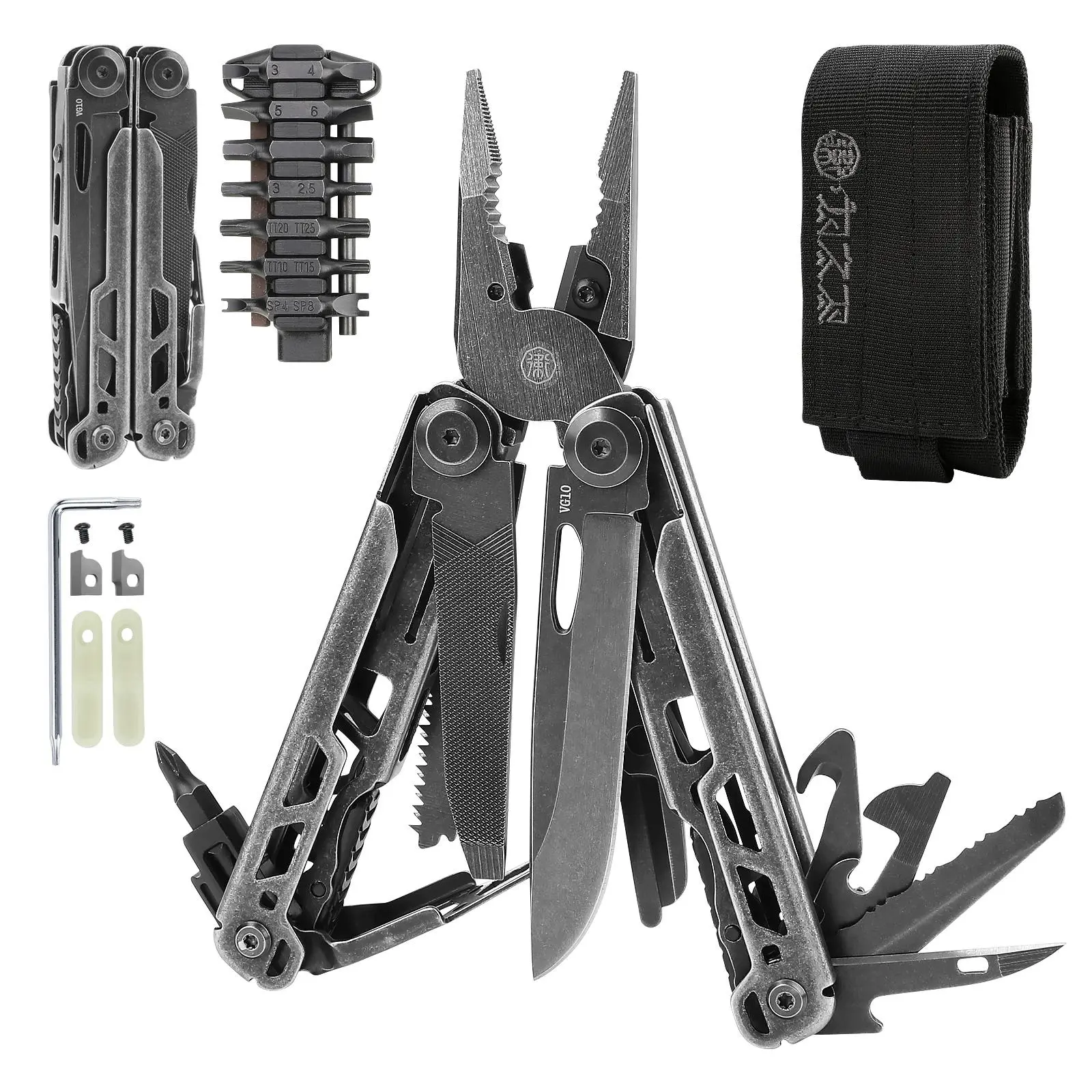 WESVE MT-05 25-in-1 Folding Pliers EDC Multitool Set - 420 Steel Body Resists Daily Wear, VG10 Steel Cutter, 440A Scissors, 14 Screwdriver Bits, Saw+File+Whistle, Can Opener, Wire Stripper, Sharpening Stone - Outdoor Survival, DIY Maintenance Gift for Men