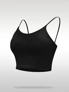 Black Seamless Cropped Sleeveless Cami Top - Adjustable Spaghetti Strap Crop Tank Minimalist
