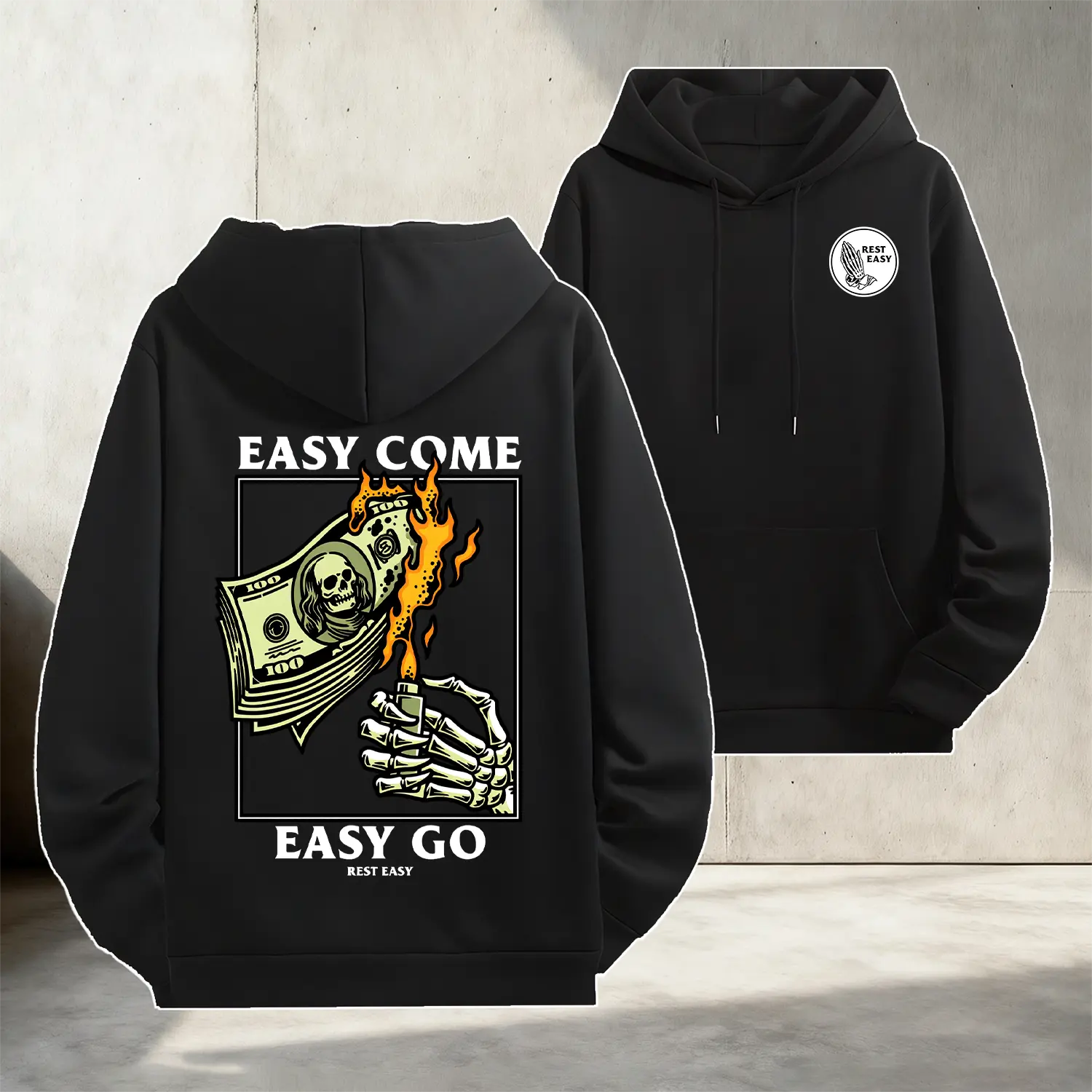 Rest Easy Hoodie - Easy Come Easy Go Skeleton Design Black Casual Wear Comfortable Sweatshirt for Men & Gift for Women Printed Unisex Soft and Warm Classic Fit High Visibility Green, Tops, Piece