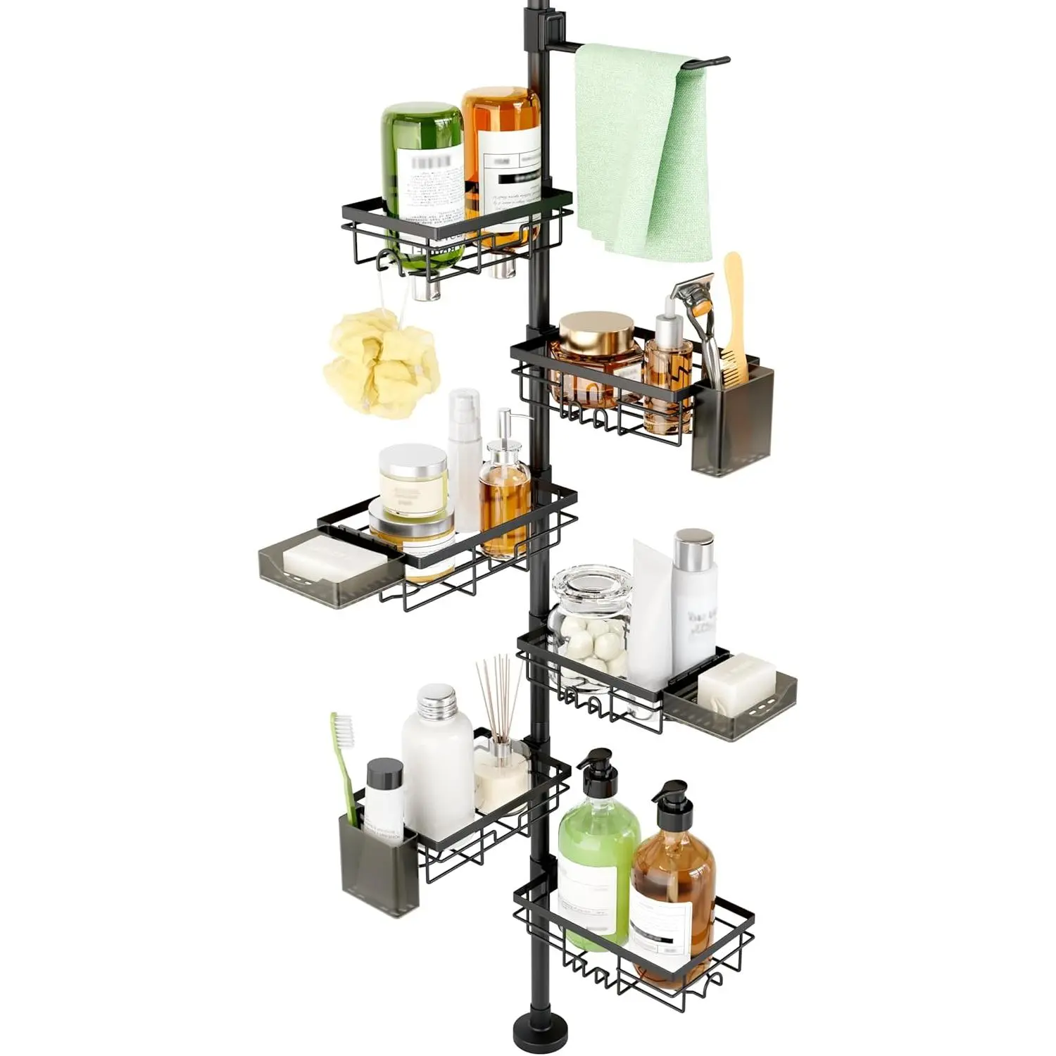 Durable Metal 6-Tier Corner Bathroom Tension Rod Organizer, Hanging Shelves with Soap Holder, Hooks, Rubber Toothbrush Holder - 30-121 inches Adjustable Wipe-Clean No-Installation Shower Rack for Renters (Black, Silver, White) [Bathroom Upgrade], Steel