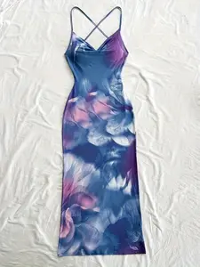 Women's Ombre Floral Print Midi Dress, Cowl Neck Spaghetti Strap Bodycon Dress, Open Back Lace-Up Maxi Dress for Summer Vacation & Evening Party, 2026 New