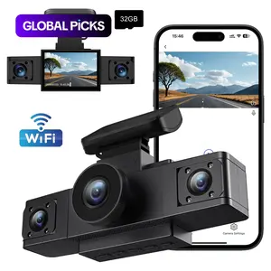 1080P Front + 720P Interior Triple Dash Cam, 2-Inch IPS Screen, Compact Design, Night Vision, Loop Recording, Parking Guard (Requires Hardwire Cable), 32GB Memory Card, Wired Power Supply, WiFi Dash Camera #GLOBAL PICKS