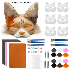 Cat Fox Therian Masks 37PCS with Felt Furs Eye Meshes Costume Furry Masks to Paint, Animal Mask Arts Crafts Kit, Dress Up DIY for Halloween Christmas Cosplay Party Interaction
