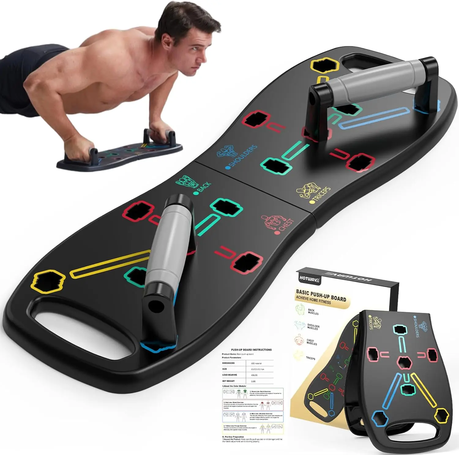 HOTWAVE Push Up Board with Handles | Portable Foldable Home Gym Equipment for Chest, Shoulders & Triceps