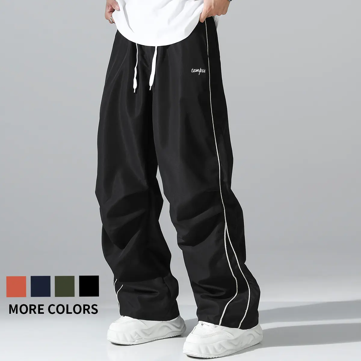 Men's Baggy Polyester Joggers, Lightweight Quick-Dry Solid Sweats with Side Stripes for Athleisure and Gym Workouts, Polyester Clothes, Track Pants, Sporty Chic, M