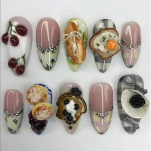 T21 Lynn Vintage Brunch Press-On Nails, 3D Breakfast Charms, Elegant French Tips, Food Lover Art, Custom Press-On Nail, Cozy Gift Idea
