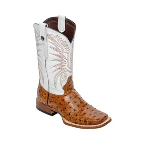 RANCHO SEMENTAL MEN’S Ostrich Print Rustic Cognac Western Boots Whit White Top Triple Stitch
