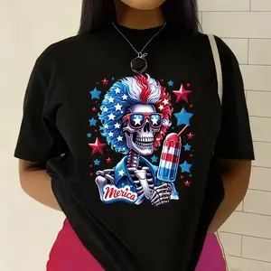 Merica' USA Flag Skeleton Popsicle Print T-shirt 4th of July Style Casual Top