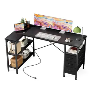 L Shaped Office Desk with Power Outlets, Computer Desk with 3 Drawers, Shelves, for Gaming, Corner Work, Home Office, Study