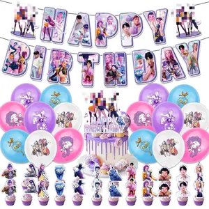 KPOP Girls Birthday Party Decoration Set: Birthday Banner, Balloons, Cake Inserts, Spiral Hanging Ornaments