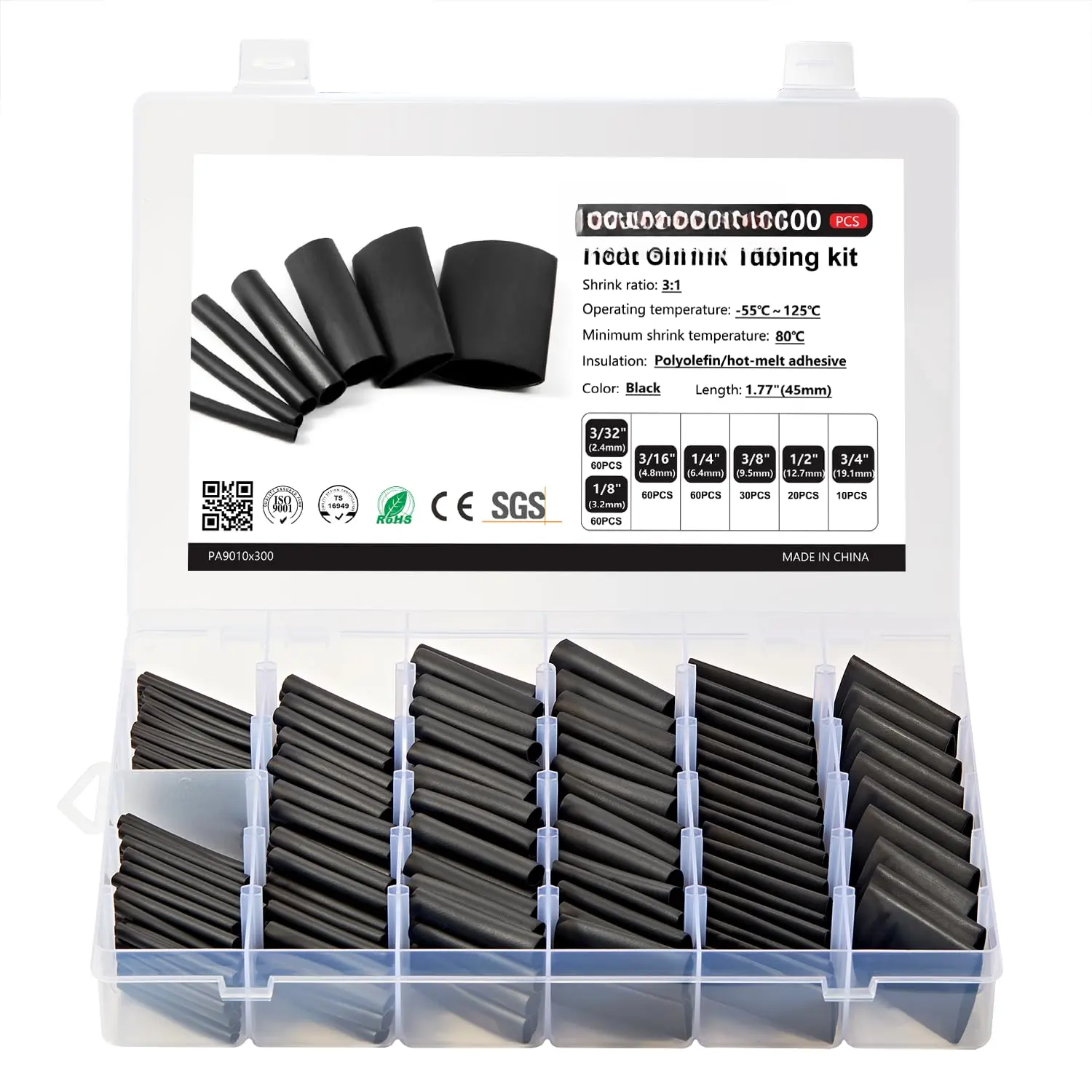 300 count Heat Shrink Tubing Kit, 3:1 Black Sleeving Heat Shrink Wrap Tubing with Length 1.77" (inch), Marine Grade Electrical  Polyolefin Heat-Shrink Tube