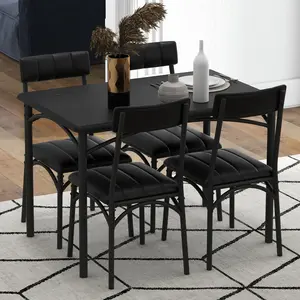 Space-Saving 5 Piece Dining Table Set for 4 – Rectangular Metal & Wood Table with Upholstered Chairs – Compact Apartment Kitchen Furniture – Modern Rustic Style