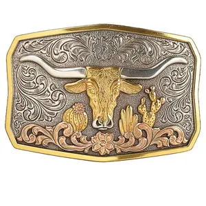 Nocona Belt Co Unisex Western Leather Belt Buckle - Western Theme, Longhorn & Cactus Design, Engraved Silver or Antique Gold Finish