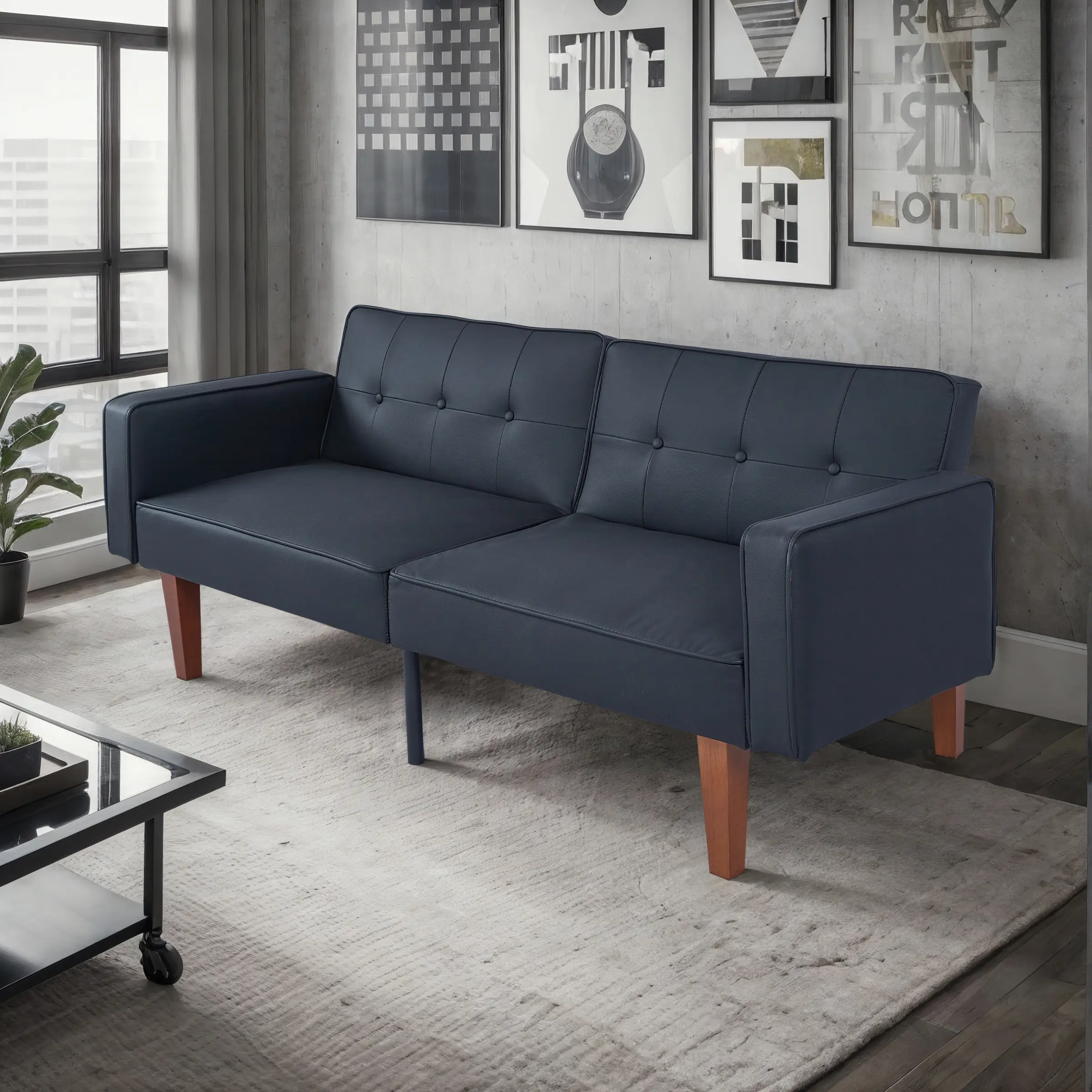 Modern Convertible Futon Sofa Bed, PU Leather Folding Loveseat Sleeper with Adjustable 3-Level Backrest, Tufted Buttons & Solid Wood Legs