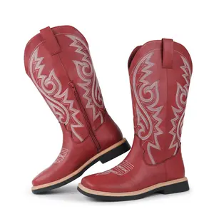 Hawkwell Women's Cowboy Cowgirl Boots Square Toe Side Zipper Embroidered Low Heel Dress Cowboots Western Mid Calf Boot
