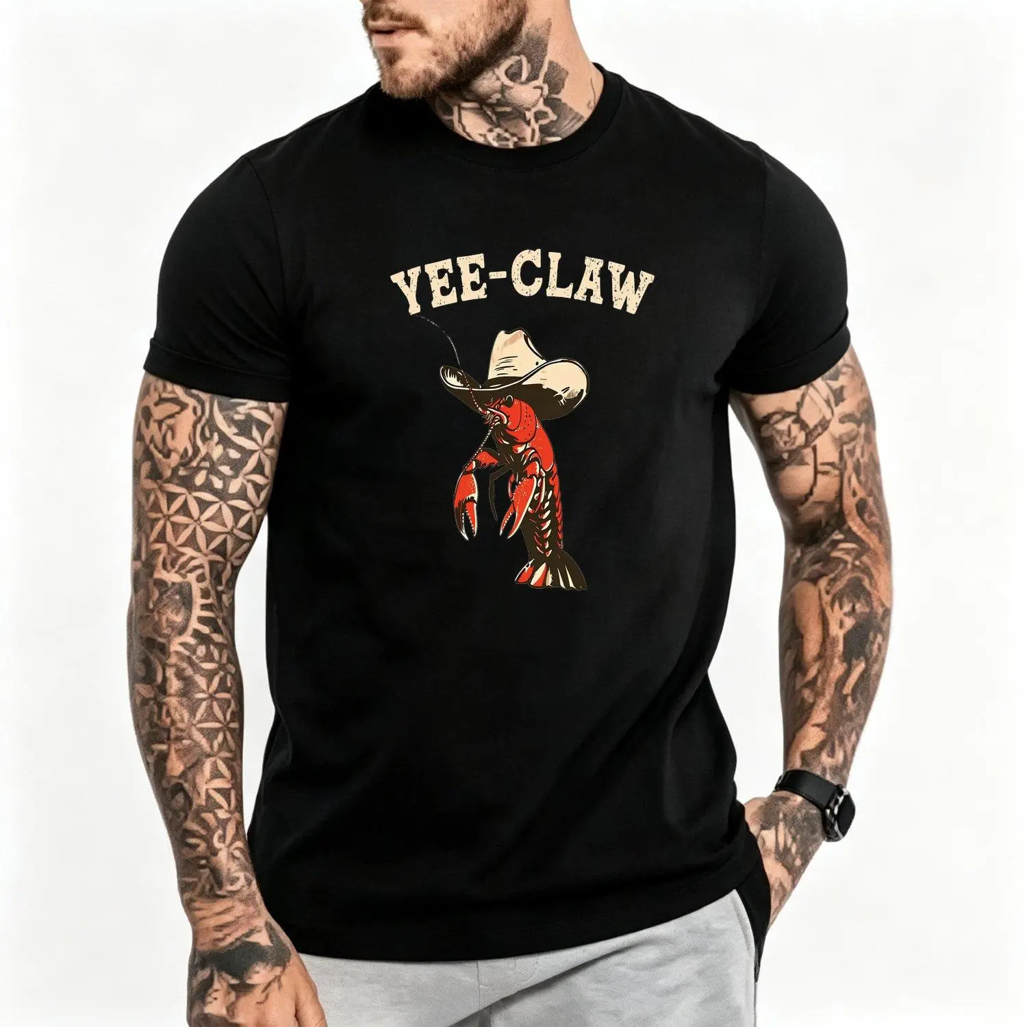Men's Short-Sleeve Crew Neck T-Shirt, Funny Crawfish Graphic, Cajun Seafood Festival Theme, Vintage Print, Breathable Fabric, Comfortable Wear, All Seasons Casual Menswear Tops, Shortsleeve