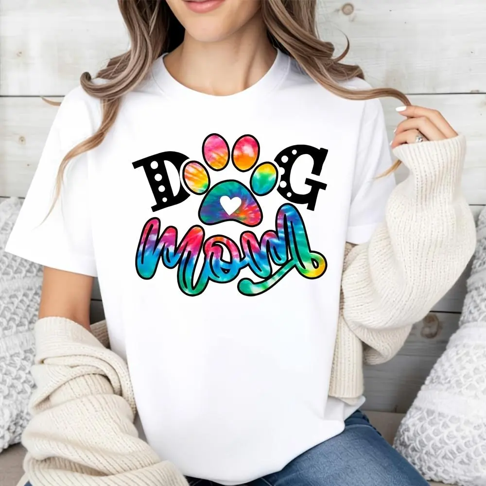 Women's Oversized Round Neck Short-Sleeve Cotton T-Shirt - Breathable, Loose-Fitting, Shrink Resistant, Dog Mom Rainbow Paw Print, Ideal for Everyday Wear & Dog Owner Gifts, Hang Dry, Do Not Bleach Top