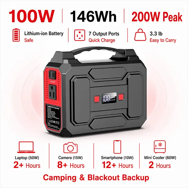 100W 146Wh Portable Solar Power Generator, Solar Generators for Home Use with Mobile Power Battery, Charge System, 7 Outputs, AC Outlet, Dual LED Flashlight, Outdoor Backup for Camping & Emergency Use