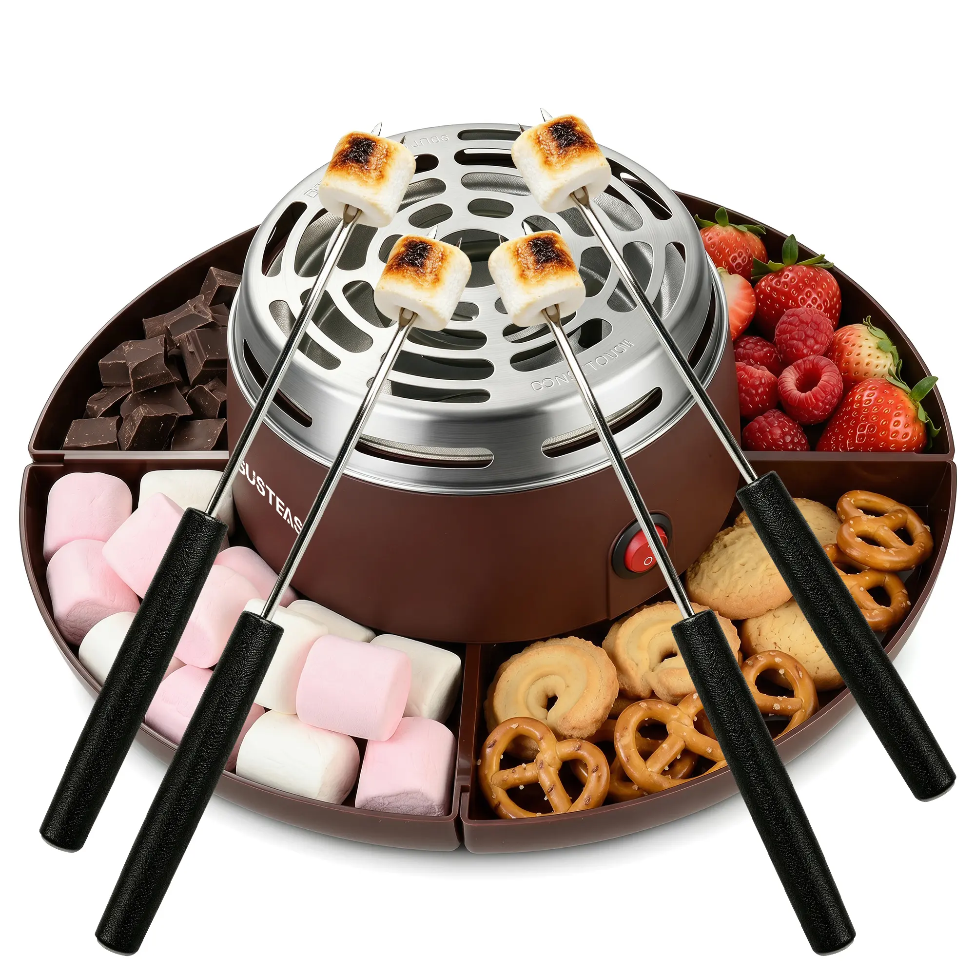 SUSTEAS 2-in-1 S'mores Maker & Chocolate Fondue Pot - Indoor Marshmallow Roaster Dessert Station for Indoor Users with 4 Trays, 4 Forks, Standard Plug