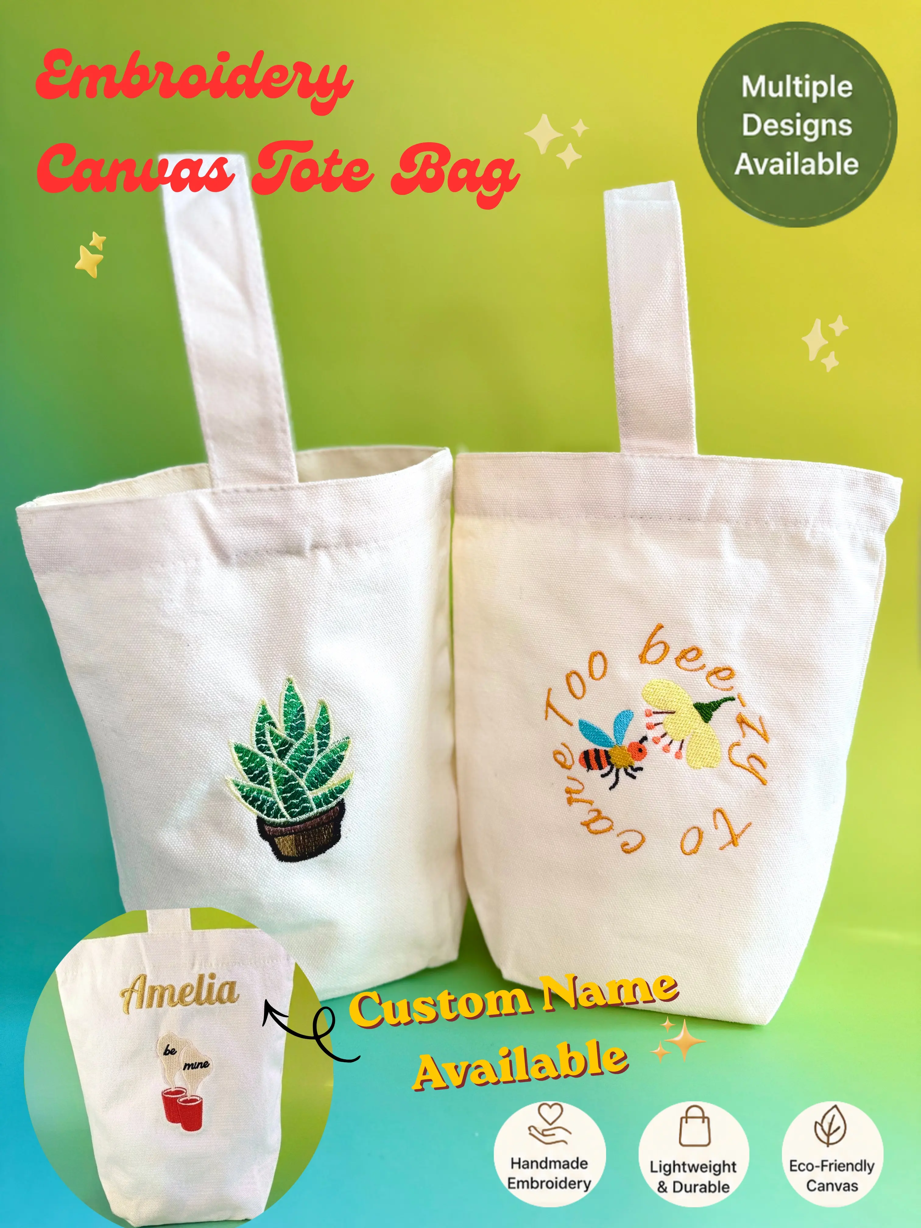 Embroidered Canvas Tote Bag, Personalized Custom Name, Mini Everyday Bag