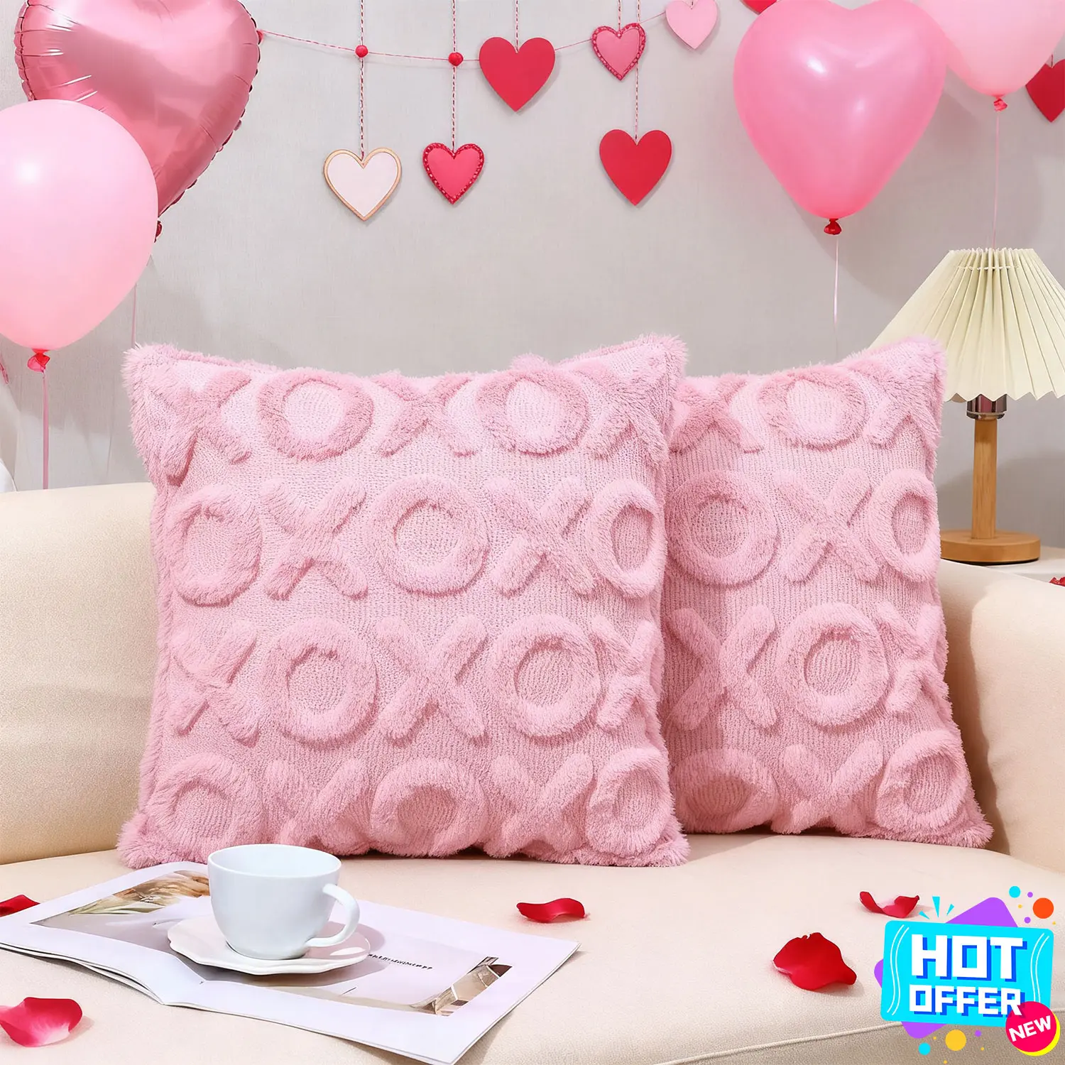 2-Pack Pink Embroidered 18x18 in Pillow Covers - Embroidered Xoxo, Heart Motif Celebrates Love at Home, Love Theme Anniversary Gift, Bedroom-Ready Romantic Touch, Fluffy Plush Sofa Decor Cushion Cases, Adds Soft Charm To Sofa And Bedroom