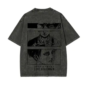 Men's Attack on Titan Levi Ackerman Oversized Round Neck T-Shirt - Vintage Anime Manga Panels Eyes Graphic, Acid Wash Heavyweight Cotton Fabric, Casual Classic Menswear, Unisex Boyfriend Style Harajuku Streetwear Merchandise