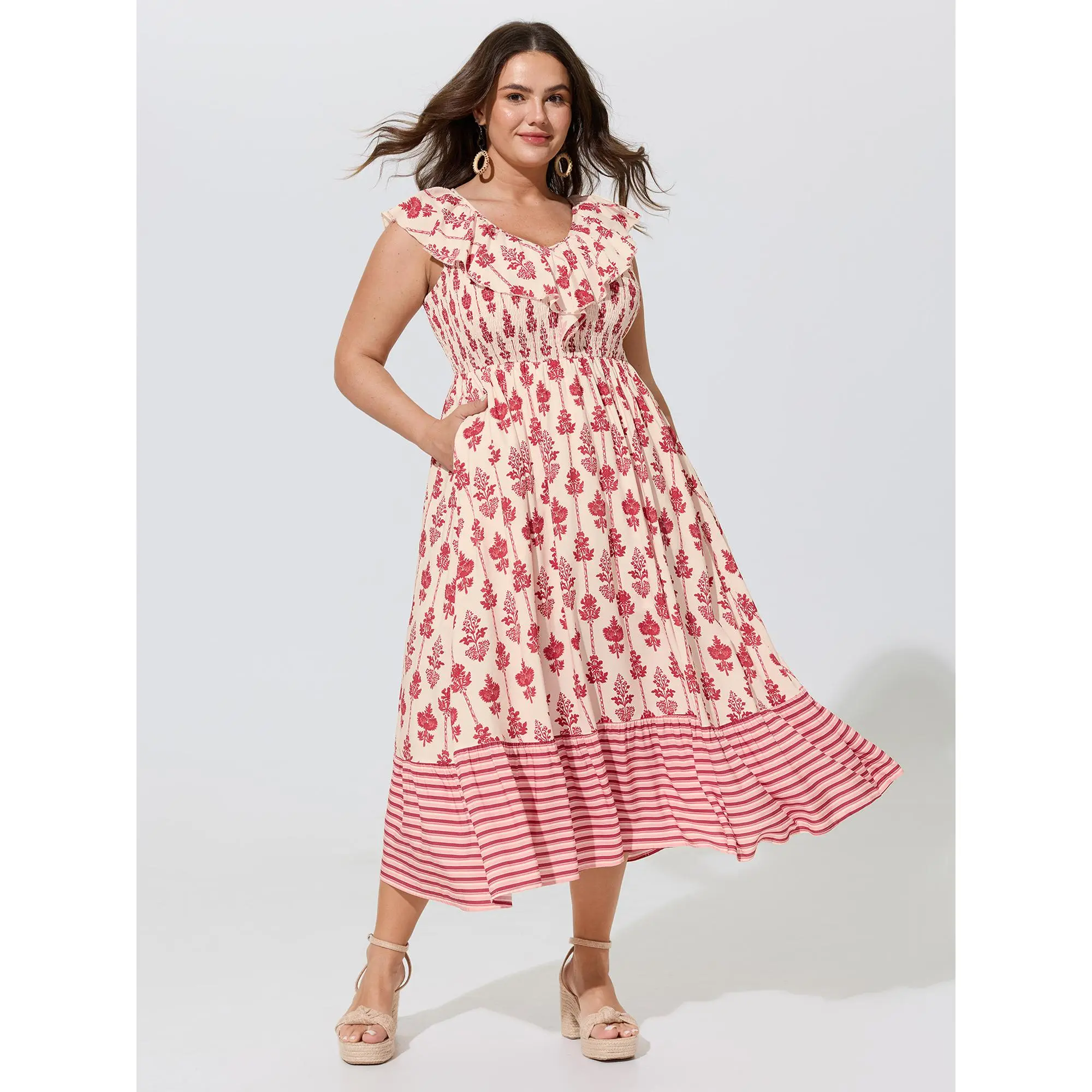 BLOOMCHIC Women's Plus Size Bohemian Sleeveless Midi Dress - Floral Print, Shirred Ruffled Neckline, Smooth Polyester-Rayon Fabric, Pocket, Low Iron, Pull-On, Side Pocket, 14-16/1x-6X, Cold Wash, Curvy Dresses Plus Size, Summer Casual