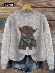 Women's Cartoon Animal Print Round Neck Sweater, Casual Long Sleeve Crew Neck Jumper for Fall & Winter, Fashion Women's Knitwear for Daily Wear, Tops