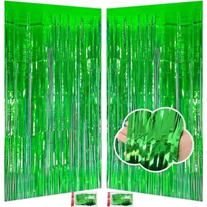 Green Streamers Backdrop Party Decorations 3.3x8.2ft, 2 Pack Foil Fringe Curtain for Door Supplies, Green Tinsel Fringe Backdrop for St Patrick's Day Football Christmas Jungle Birthday Decor