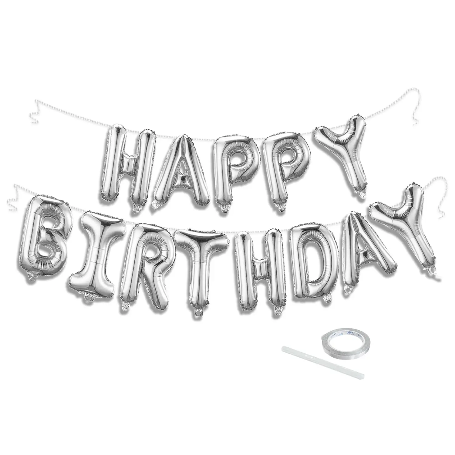 Happy Birthday Silver Balloon Banner Set with String and Tape for Party Decorations