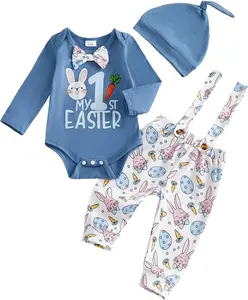 My First Easter Baby Boy Outfit Gentleman Rabbit Romper Shirt Tops Bunny Overalls Pants Newborn Hat 3pcs Set