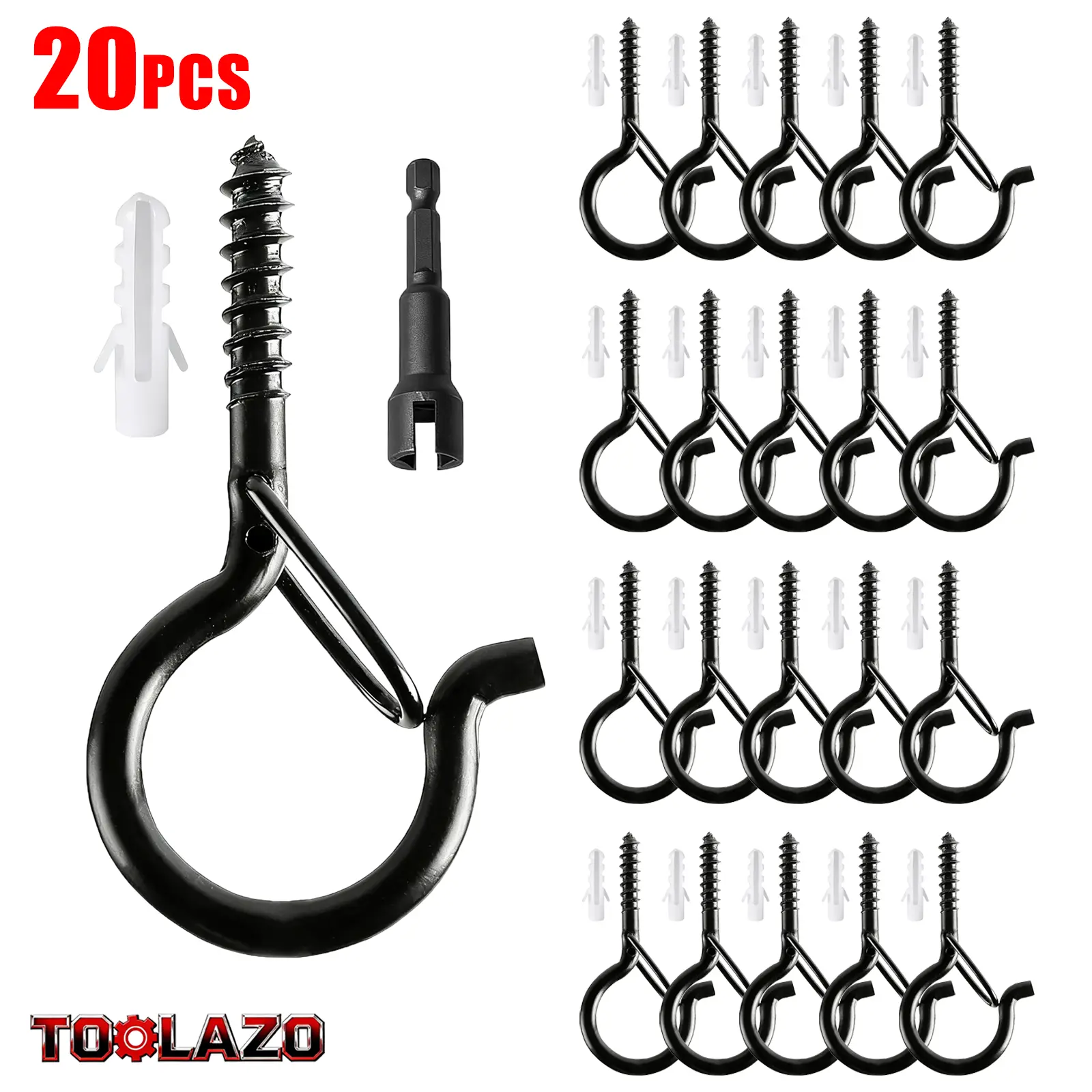 20 Q-shaped hooks with safety clips + 20 expansion screws, windproof hooks, suitable for hanging plants, outdoor string lights, wind chimes, lights, and party decorations. Can be mounted on walls or ceilings, includes a wing wrench. Black.