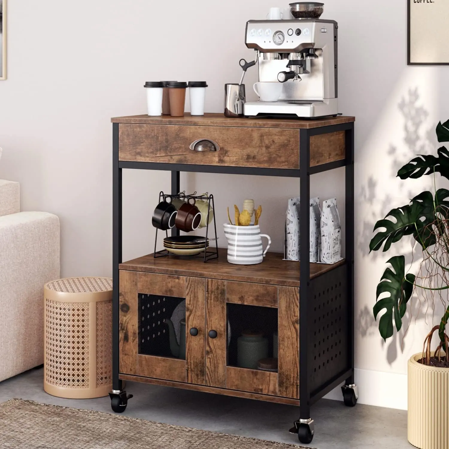 [SummerWins] HOMBCK Catrimown Coffee Cart Station, Coffee Stand Station, Small Microwave Stand with Drawer, Movable Farmhouse Coffee Station Table on Wheels for Living Room, Entryway, Dining Room, Kitchen#home essentials#back to school