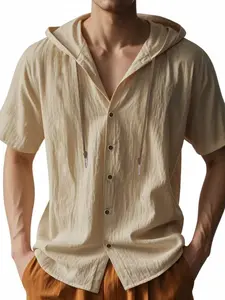 Men's Casual Hooded Button-Up Shirt by Apex Fit Co., Linen Blend Breathable Short Sleeve Hoodie for Outdoor Activities, Streetwear & Relaxed Everyday Looks