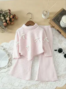 Girls' Two-Piece Knit Sweater Set, Light Apricot High Neck Design with Bell Pants, Cute Casual Fall Winter
