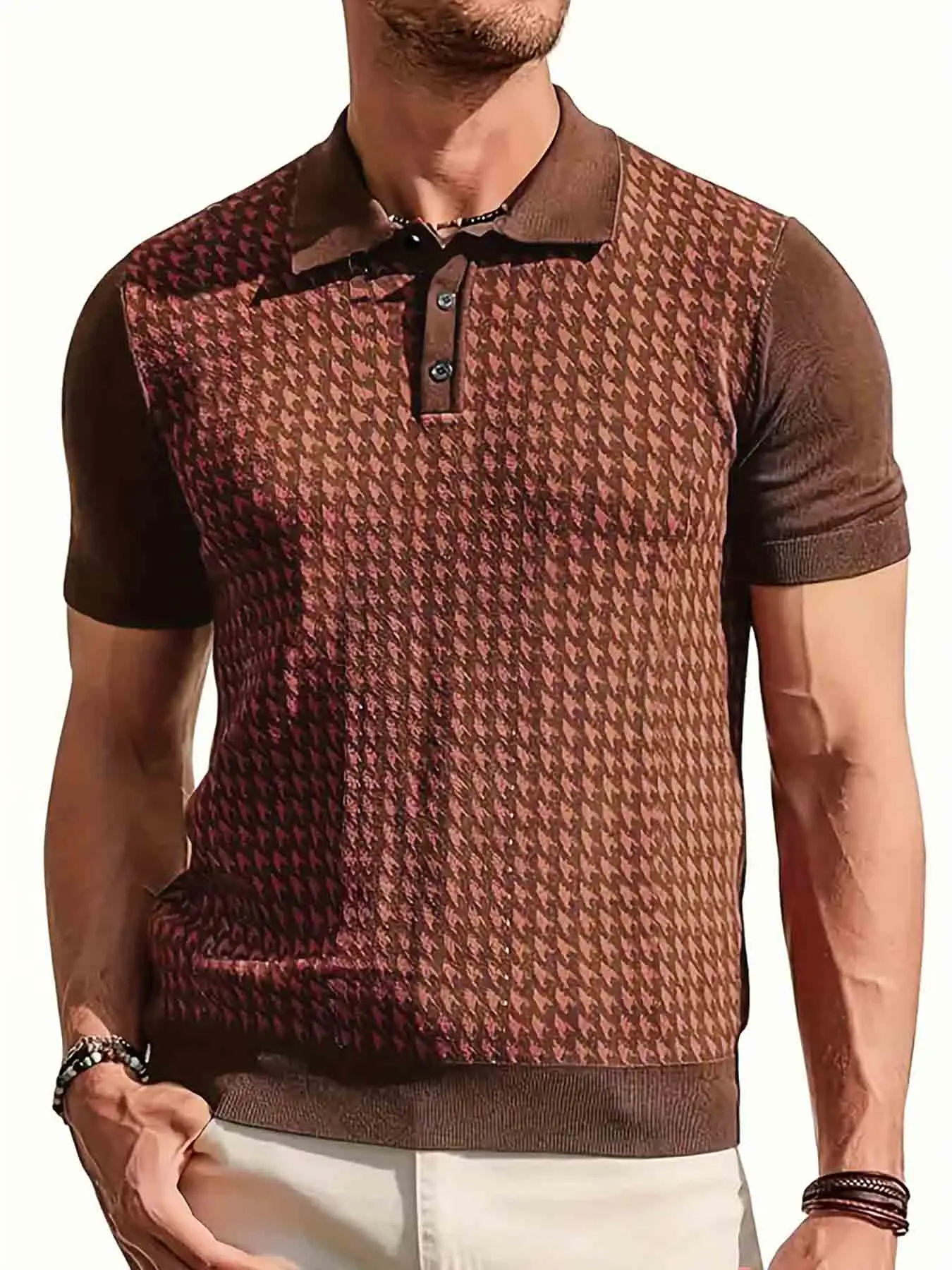 Men's Short Sleeve Raglan Polo Shirts Casual Classic Houndstooth Color Block Lapel Collared Half Button Knitted Polo Top Fitted Design Aesthetic Breathable and Soft Commuting Workout Outdoor Activities Music Festival