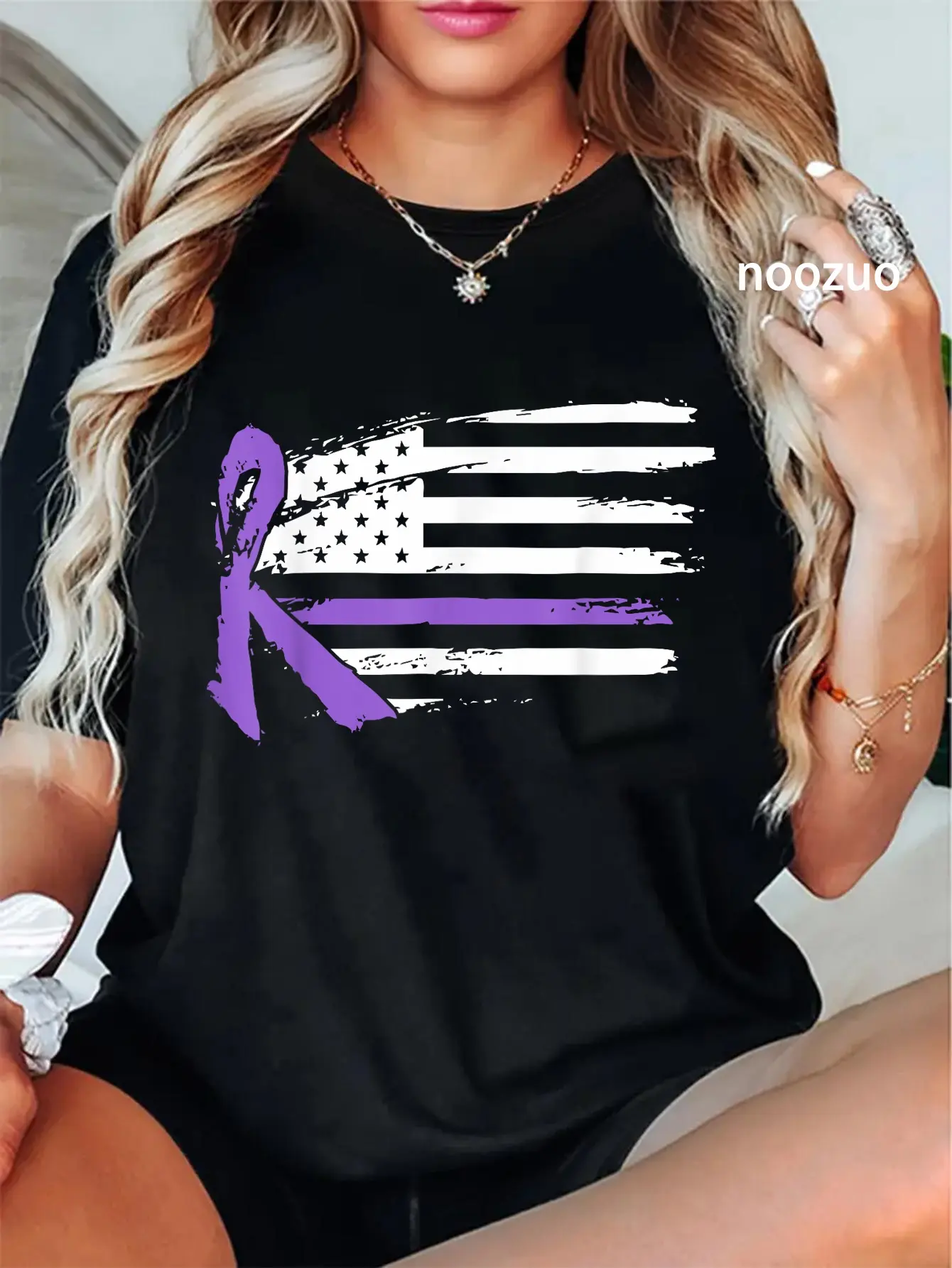 Women's 100% Cotton Crew Neck Graphic T-Shirt - Casual All Seasons Large Top for Lupus Awareness Month, American Flag Autoimmune Disease Support, Party Streetwear