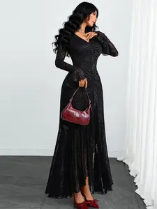 Women's Elegant Gothic Dark V-Neck Rose Print Mesh Patchwork Slit Dress, Stylish Party Wear, Summer Fashion