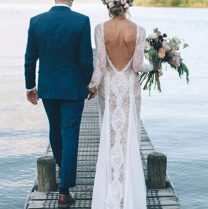 Vintage Boho Crochet Lace Backless Wedding Dress Long Sleeve Beach Bridal Gown
