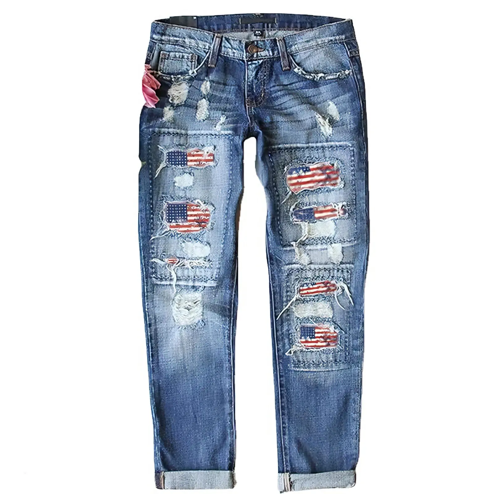 2026 New Style Washed Non-Stretch Ripped National Flag Print Casual Cropped Mid-Waist Women's Independence Day Jeans