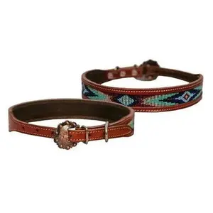 Genuine leather dog collar with turquoise, blue beaded inlay design