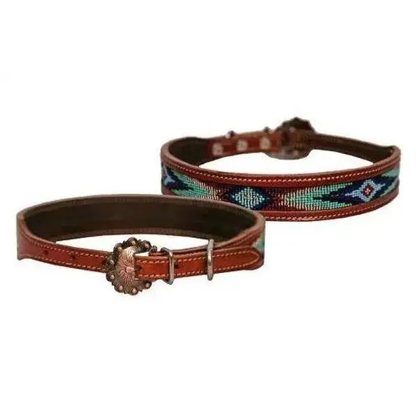 Genuine leather dog collar with turquoise, blue beaded inlay design Genuine leather dog collar with turquoise, blue beaded inlay design