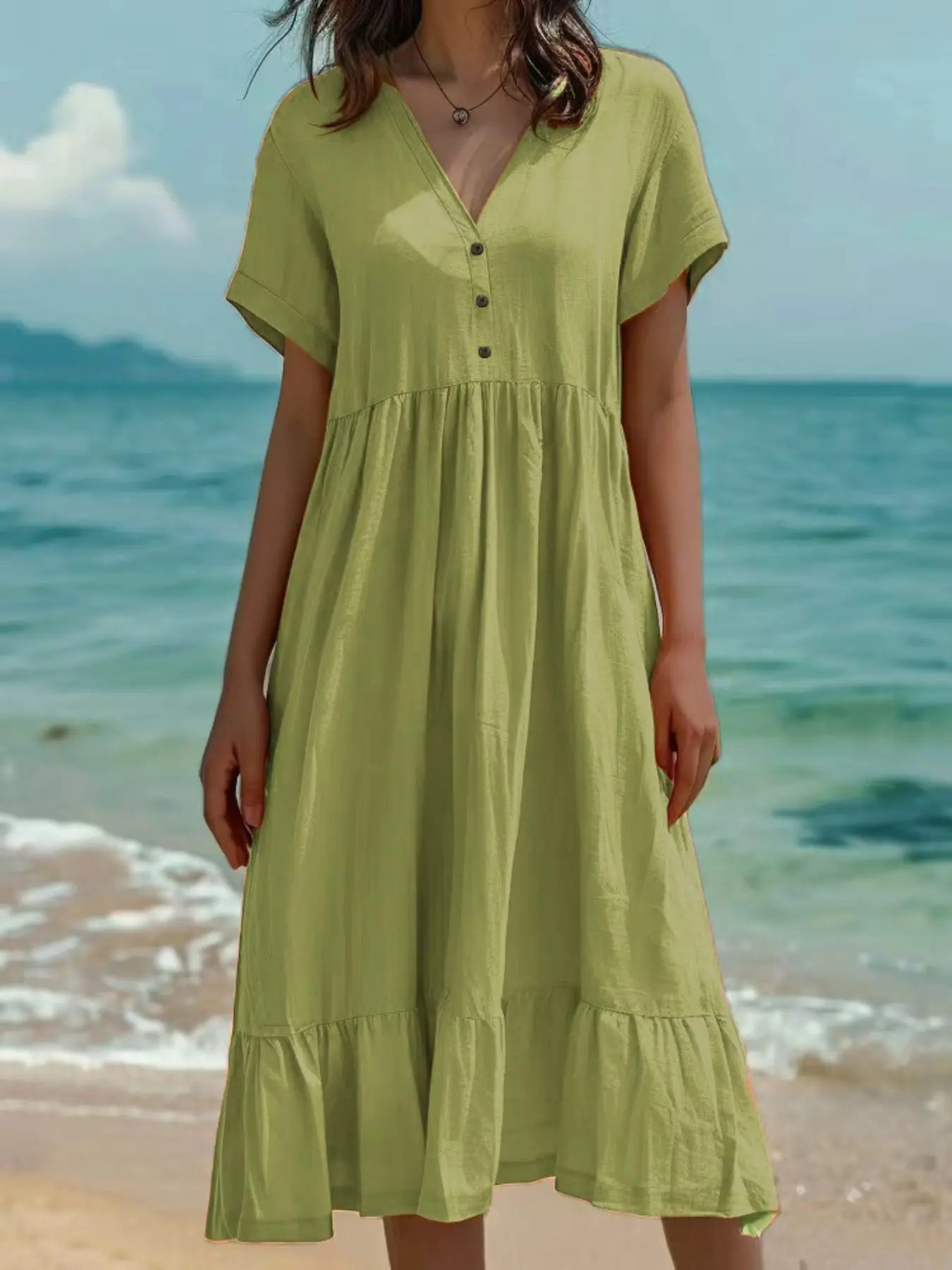 V Neck Button Front Dress for Women, Loose Fit Slimming Cotton Linen Texture, Mid-Length Ruffled Casual Chic Aesthetic Summer Holiday Dress, Conceals Fatigue, Loose Fitting Dress