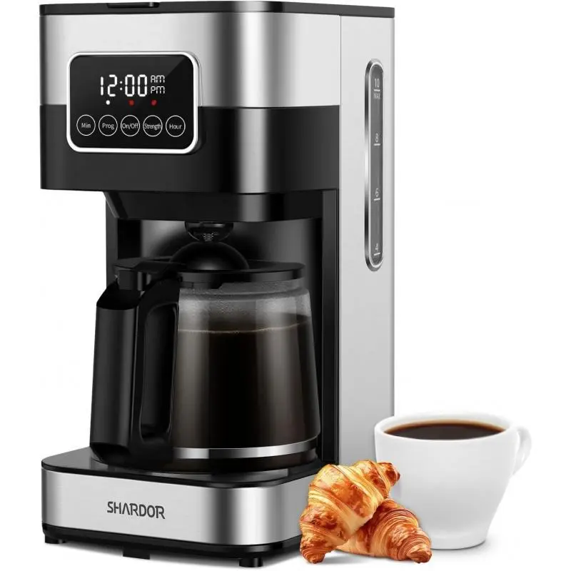 10-Cup Programmable Automatic Drip Coffee Maker - Regular & Strong Brew, Touch Screen, Auto Shut-Off, Permanent Filter, Silver Easy-to-Use Machine for Home Users & Office