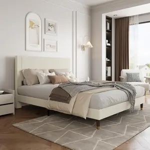 Queen Size Upholstered Platform Bed Frame Modern Fabric Headboard Sturdy Metal Frame and Wooden Slats for Double Support Non Slip Noise Free No Box Spring Needed Easy Assembly Beige Soft Sponge Heavy Duty, Contemporary Headboard, Modern Design, Quieter Sl