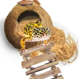 Leopard Gecko Coconut Husk Hut with Ladder and Coco Fiber Bedding, with Shell Opening, 2.5" Opening Diameter, Cave Habitat with Hanging Loop, 1.5 oz Fiber Bedding