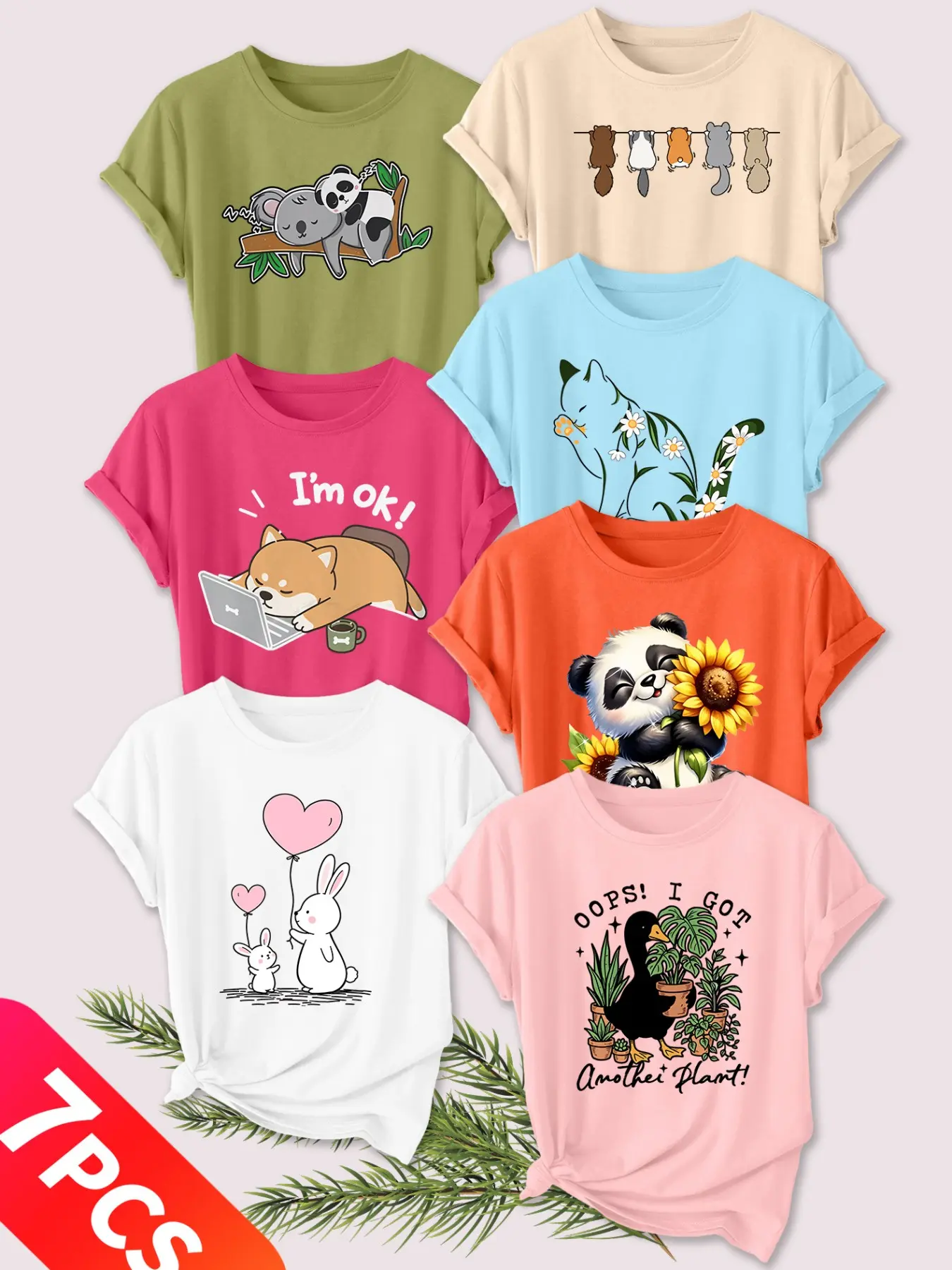 Women's 7-Pack Casual Crew Neck T-Shirts, Casual Comfy Tee, Koala & Panda, Floral Cat, Rabbit Balloons Print, Multiple Colors Available, Machine Washable, Spring & Summer Top, Soft Skin-Friendly Fabric