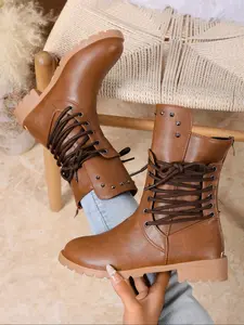 Women's Fashionable Solid Color Side Zip Knee Boots, Elegant Square Toe High Heel Boots for Daily Wear, Female All-match Trend Shoes for Fall & Winter Rubber Walking Shoes Footwear Studded Boots Western Boots