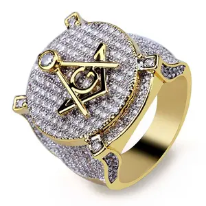 European and American retro AG Masonic ring golden-plated with zircon personality Hip Hop men's ring